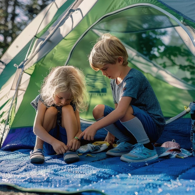 Photo two children are playing with a tent with a blue blanket