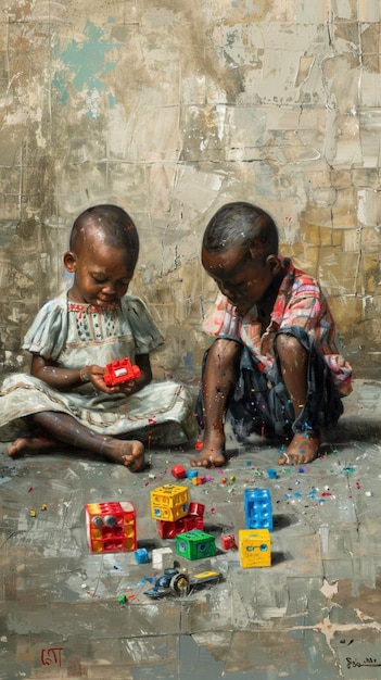 two children are playing with a toy box and a box of legos