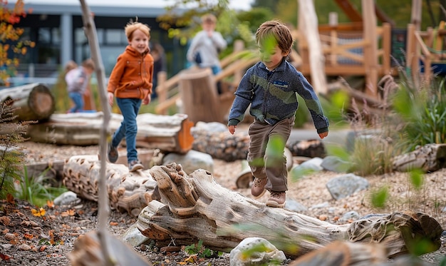 Photo two children are playing in a yard with a log and a log