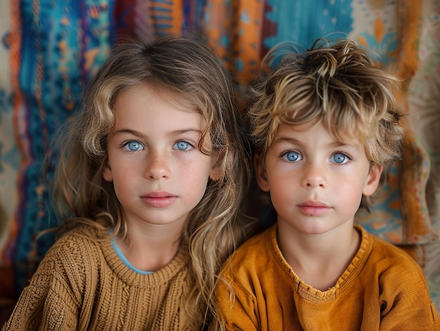 two children are posing for a picture one has a blue eyes