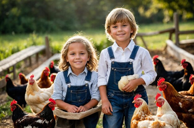 Photo two children are posing with chickens and one has a white shirt that says  the boy is wearing