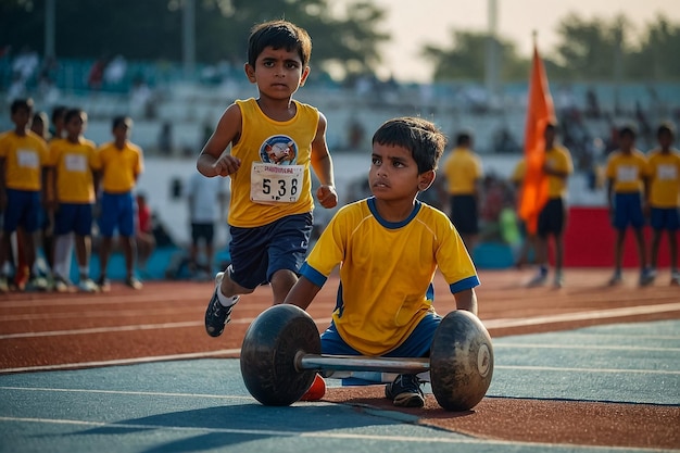 Photo two children are running on a track with a number of numbers on their shirts