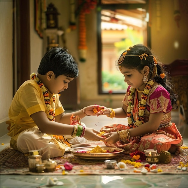 two children are sitting on the floor one of which is wearing a sari