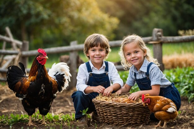 two children are sitting in front of a basket with chickens