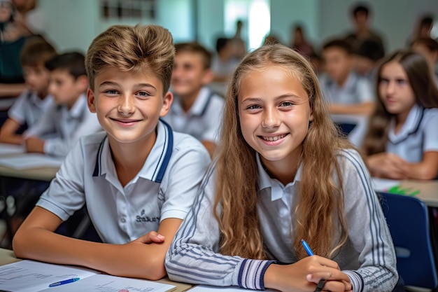 two children are sitting in front of a desk with a girl and a boy