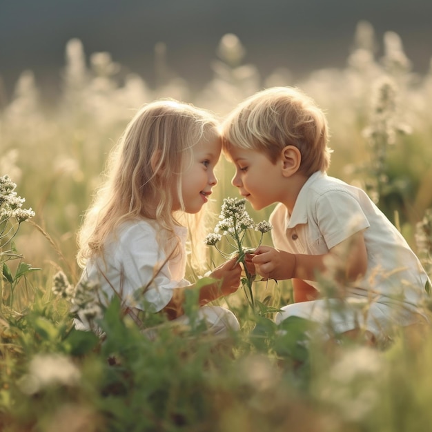 two children are sitting in the grass one of them is holding a flower