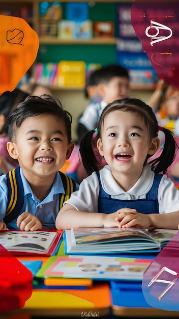 two children are sitting at a table and one has a book titled quot the one with a smile quot