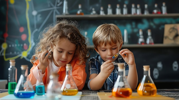 two children are sitting at a table with bottles of alcohol