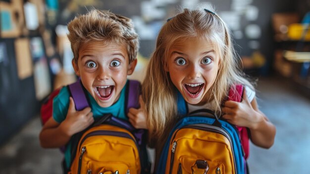 Photo two children are smiling and holding backpacks