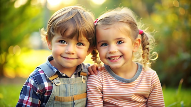 two children are smiling and one has a striped shirt on