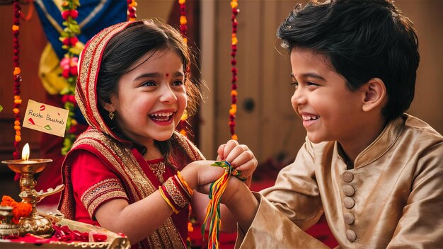 two children are smiling and one is wearing a red sari