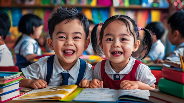 two children are smiling and one is wearing a red vest