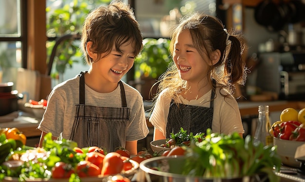 two children are smiling and smiling in front of vegetables