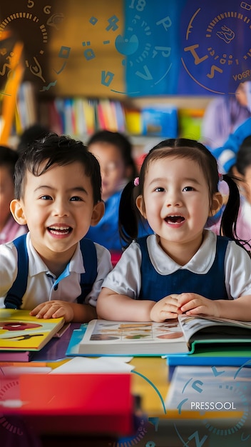 two children are smiling and wearing blue vests and vests