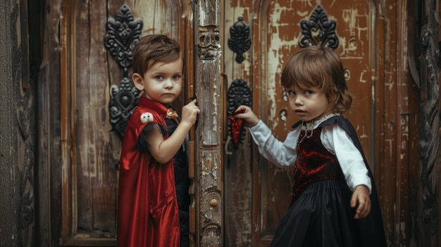 Photo two children are standing in front of a door with a flower on it