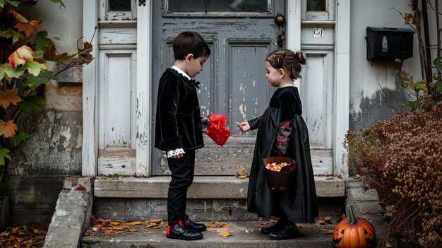 Photo two children are on the steps and one is wearing a halloween costume