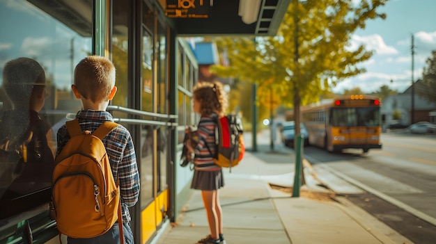 two children are waiting at a bus stop with a bus stop sign