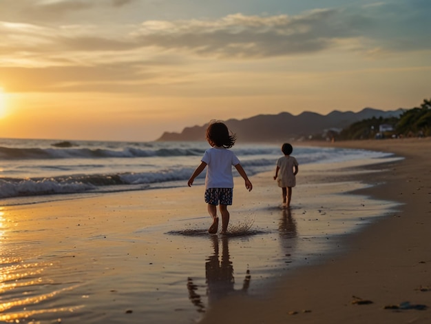 two children are walking on the beach and one is wearing a white shirt