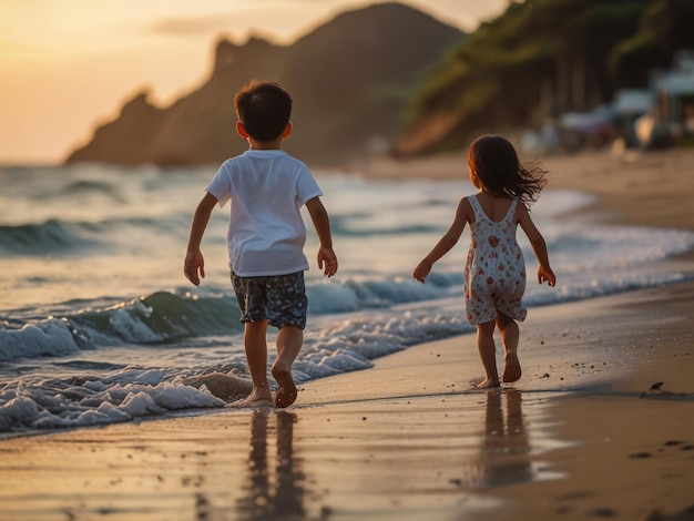 two children are walking on the beach one of them is wearing a white shirt