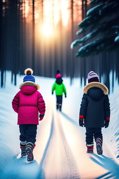 two children are walking down a snowy path with the snow on the ground.