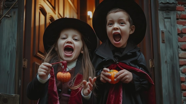 Photo two children are wearing costumes that say  happy halloween