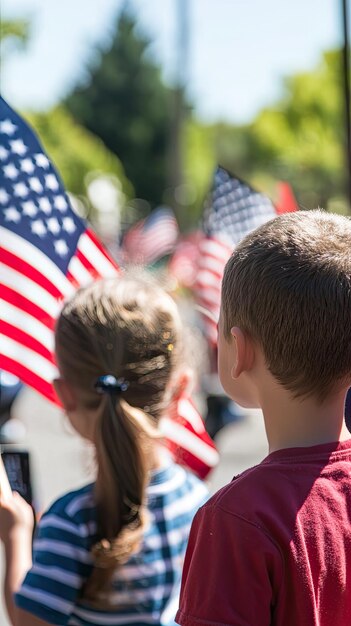 Two Children Back to Camera Waving American Flags in a Blurred Outdoor Setting A Moment of Patriotism