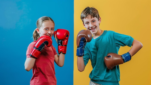 Photo two children in boxing gloves with one wearing a red shirt and the other with the other wearing red and blue