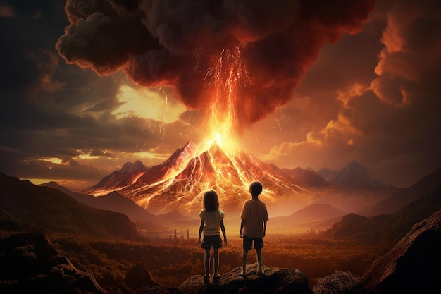 Two children boy and girl holding hands and looking at an erupting volcano on background Apocalypse concept