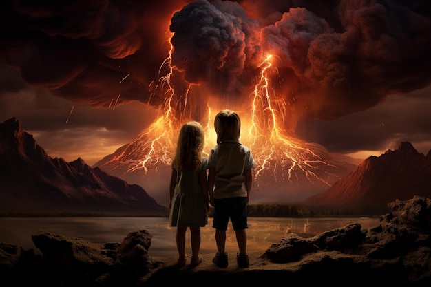 Two children boy and girl holding hands and looking at an erupting volcano with smoke and lava Apocalypse concept