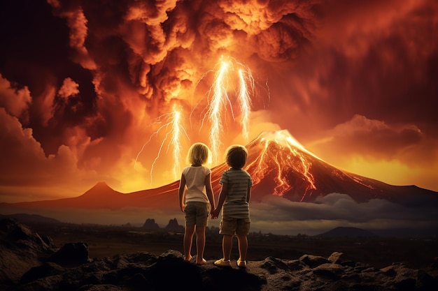 Two children boy and girl holding hands and looking at an erupting volcano with smoke and lava Apocalypse concept