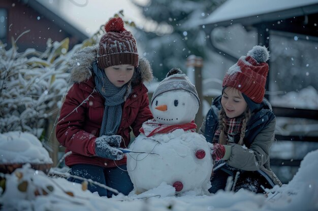 Two children building a snowman in the snow