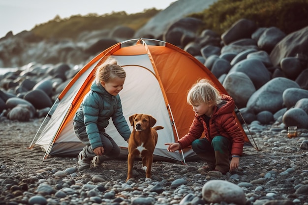 Two children and a dog sitting in front of a tent Generative AI image