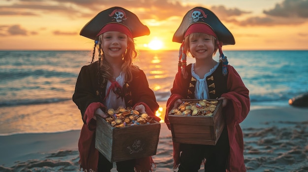 Two Children Dressed as Pirates Holding Treasure Chests at Sunset