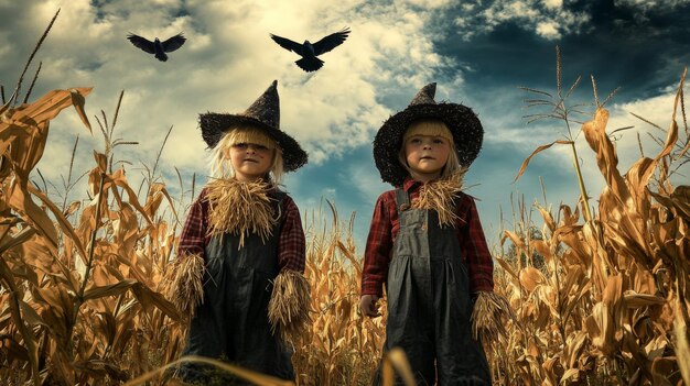 Two Children Dressed as Scarecrows in a Cornfield