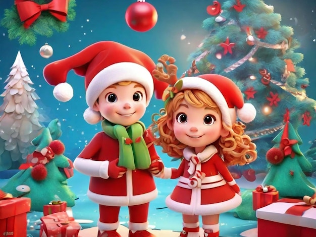 two children dressed in christmas outfits with santa claus and a christmas tree in the background