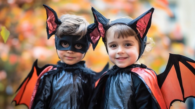 Photo two children dressed up as comic book character both dressed up as a superhero