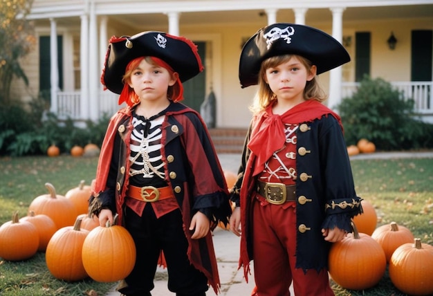 Photo two children dressed up as pirates stand in front of a house with pumpkins