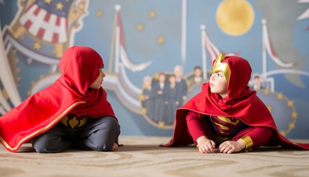 Photo two children dressed up as superman and one has a red cape on