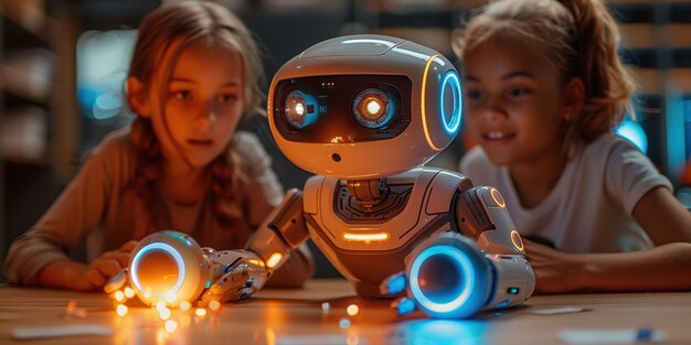 Photo two children engaging with a hightech robot toy displaying excitement and curiosity in a playful setting