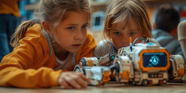 Photo two children engaging with a hightech robot toy displaying excitement and curiosity in a playful setting