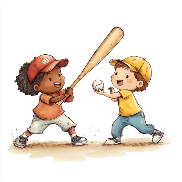 Photo two children enjoying a game of baseball in a playful and vibrant kids illustration