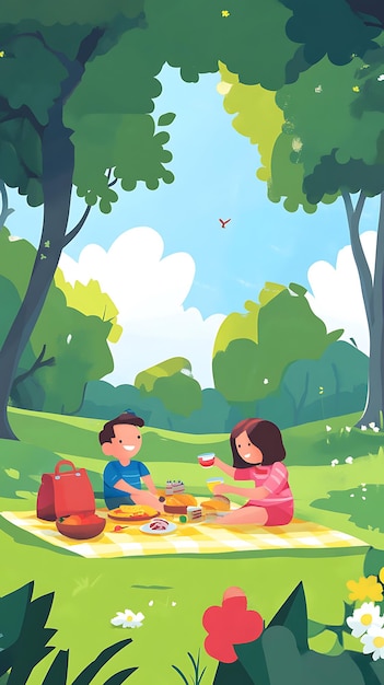 Photo two children enjoying a picnic on a blanket in a sunny park surrounded by trees