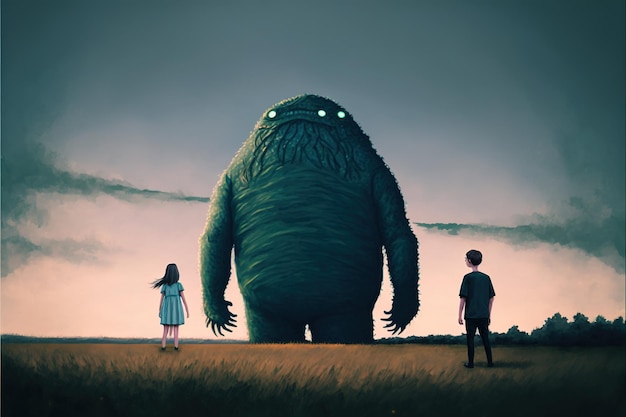 Two children fighting with the giant alien Boy and girl looking at giant alien monster at the horizon Digital art style illustration painting