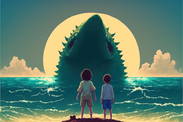 Two children fighting with the giant alien Boy and girl looking at giant alien monster at the horizon Digital art style illustration painting