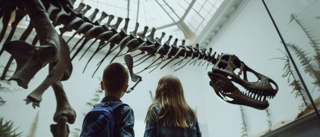 Photo two children gaze in awe at a massive dinosaur skeleton displayed under a glass roof in a modern museum