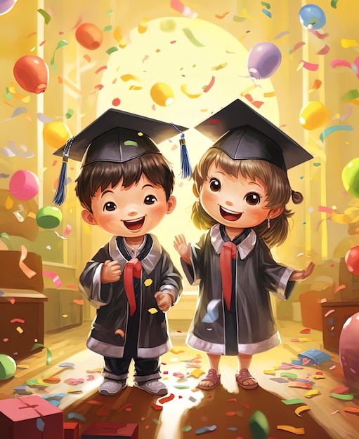 Photo two children in graduation caps with balloons and a girl wearing a graduation cap