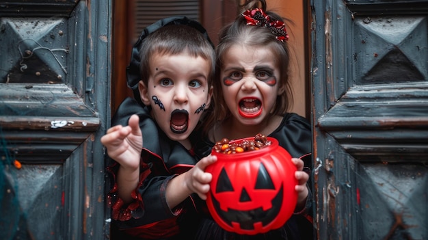 Photo two children in halloween costumes one of which has a pumpkin with a ghost on it