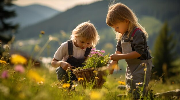 Two children happily pick colorful flowers in a sunlit field