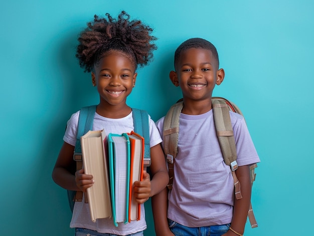 two children holding books with one wearing a backpack