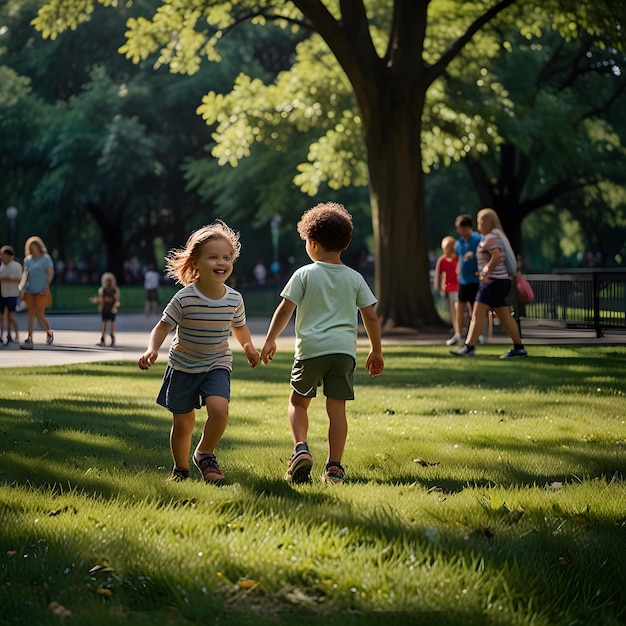 two children holding hands one of which is wearing a striped shirt